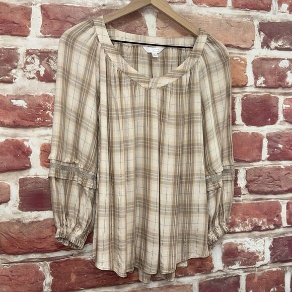 LC Lauren Conrad Top Women's Small Tan White Multicolor Plaid Metallic Shirt - Picture 3 of 8